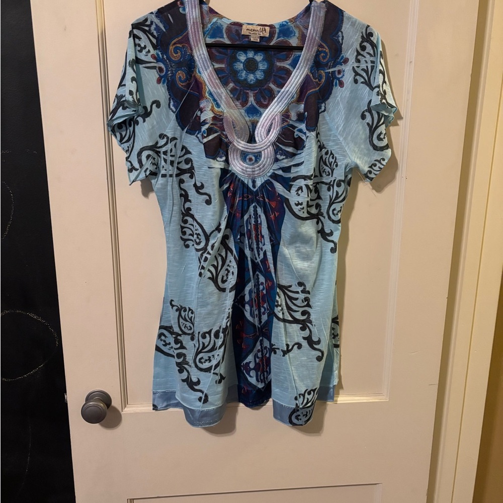 ONE WORLD Teal and Black Patterned Blouse